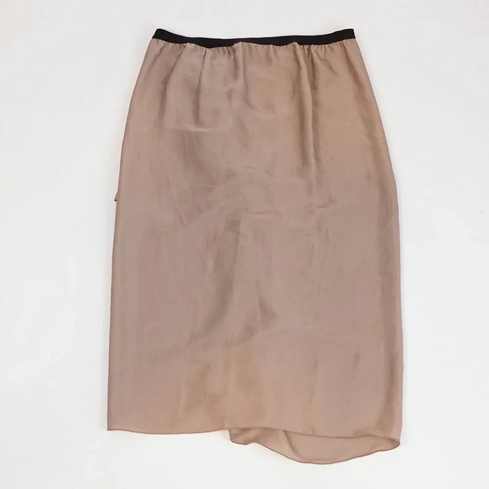 BCBGMaxAzria Stella Asymmetrical Gathered Midi Skirt in Beige Satin - Small